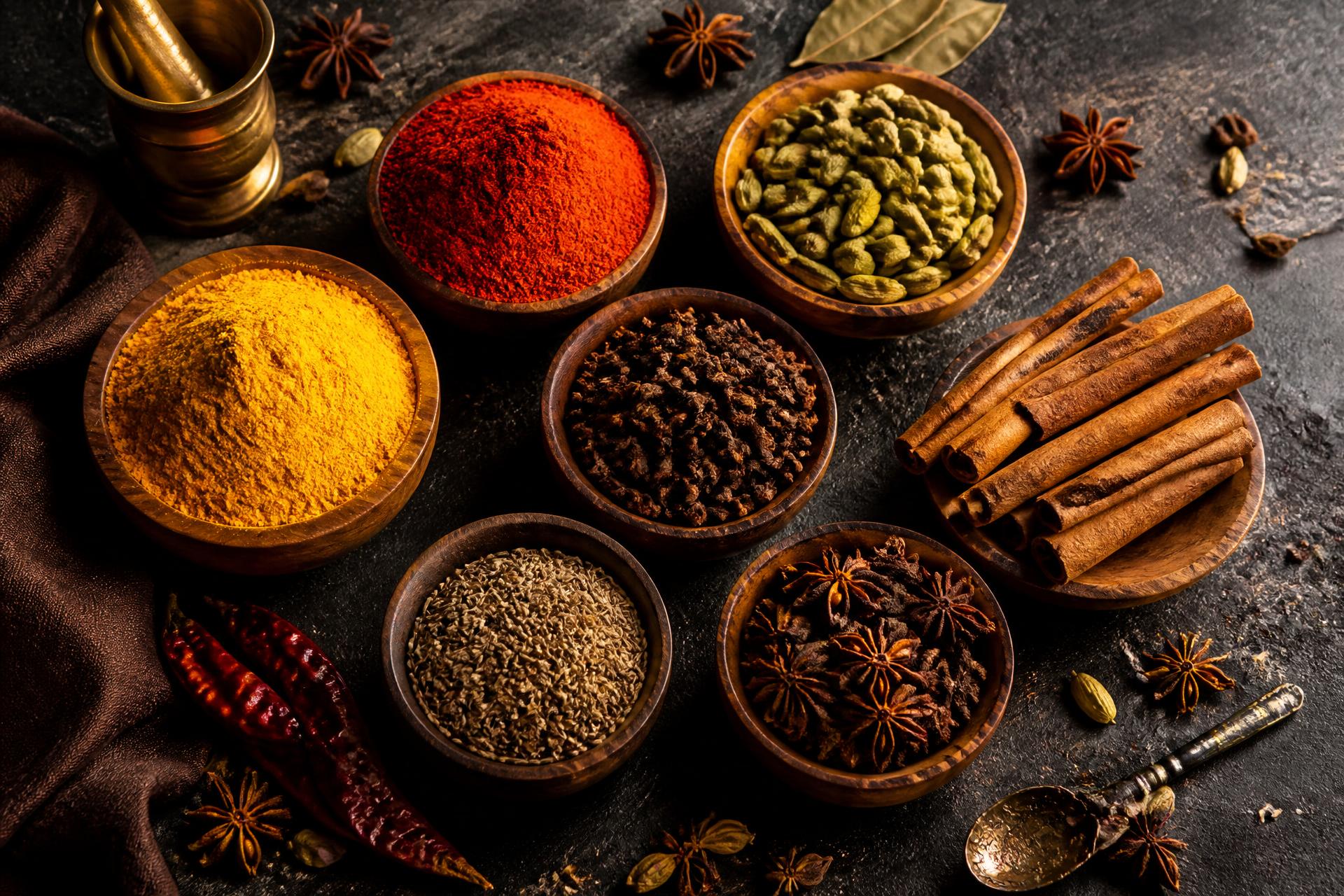 Premium Indian spices arranged in wooden bowls
